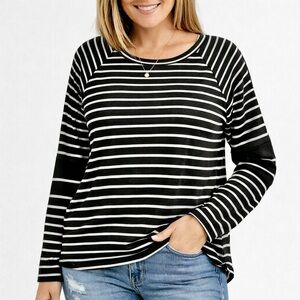 Revolve X Heather  Black & White Striped Long Sleeve Silk Sheer Panel Top Sz XL